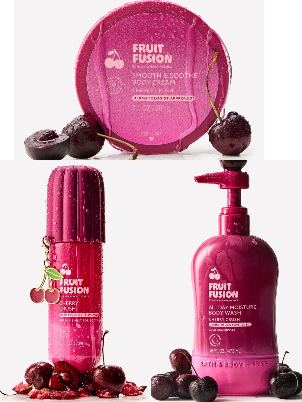 Bath & Body Works Fruit Fusion Cherry Crush Body Wash, Cream & Mist 3pc Set NEW